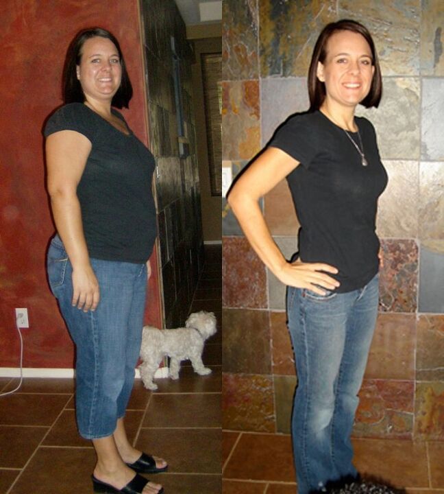 O resultado de uma mulher perder peso em uma dieta semanal de trigo sarraceno de 5 kg